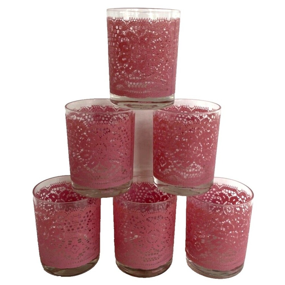 Set of 6 MCM Barware Highball Glasses Pink Lace TasteSetter Vintage Retro RARE